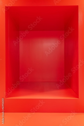 A vibrant red, empty square room with clean lines and sharp corners, creating a bold and striking minimalist space