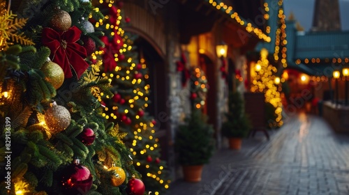 A decorated Christmas tree with red and gold ornaments, twinkling lights, and a red velvet bow. Festive cobblestone street lined with lanterns and greenery creating a holiday atmosphere