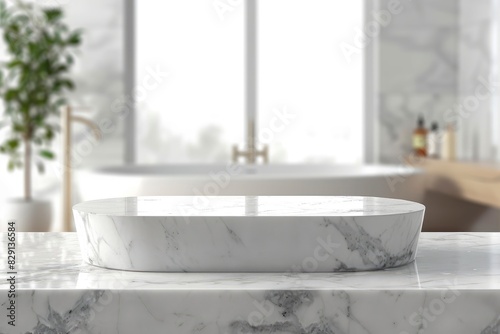 Marble podium for bathing product display on blurred bathroom background - generative ai