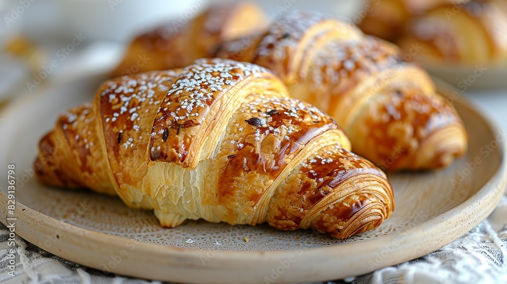 Croissants - French buttery, flaky pastries that are enjoyed as breakfast or a snack. Placed on the dining table in the kitchen. Minimal and Simple style Croissants - French buttery, flaky pastries that are enjoyed as breakfast or a snack. Placed on the dining table in the kitchen. Minimal and Simple style