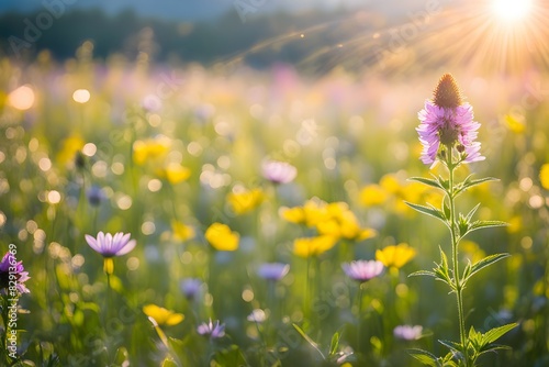 A field of flowers with a single purple flower in the foreground
