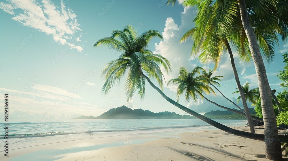 Obraz premium Tropical beach and palm trees, palm trees framing, Copy space on sky background 