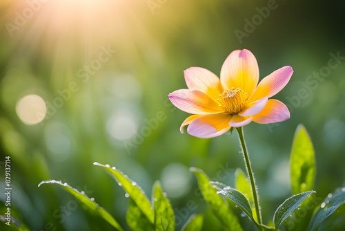 A yellow flower with pink petals is in a field of green grass
