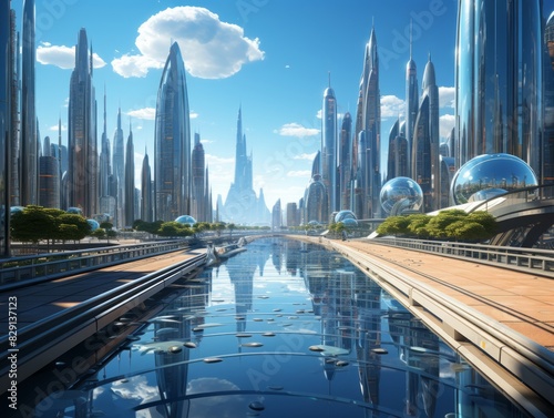 Futuristic city with a blue sky and clouds