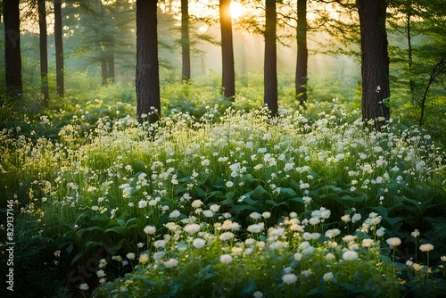 A field of white flowers with trees in the background photo