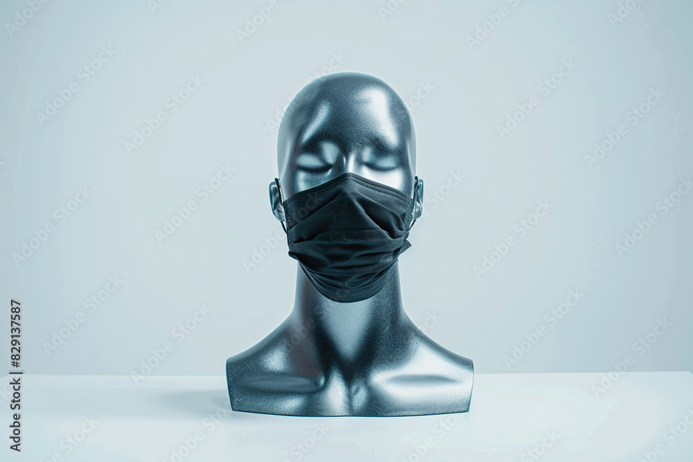 A silver mannequin is displayed wearing a black face mask A silver mannequin is displayed wearing a black face mask