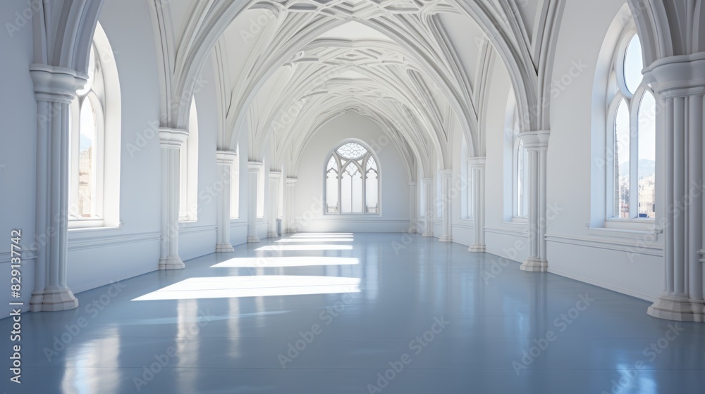 blue corridor with columns and windows