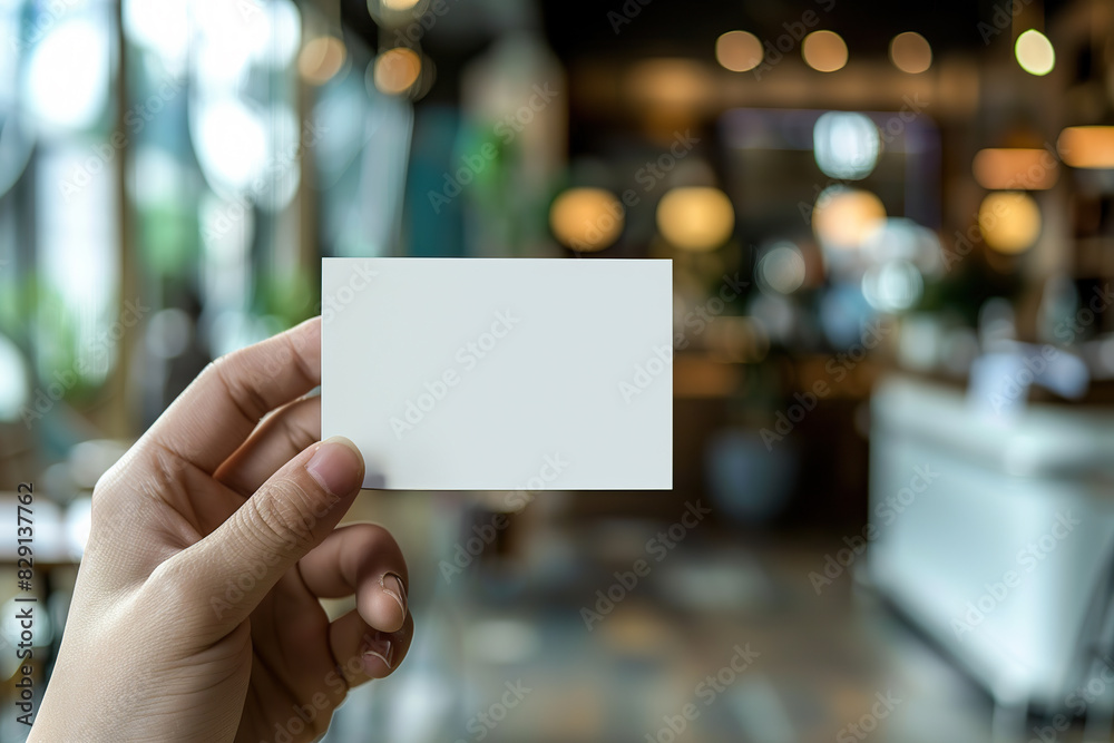 A person holding a white business card in their hand. Mockup template for design print A person holding a white business card in their hand. Mockup template for design print
