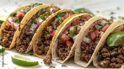 Tacos - Traditional Mexican street food that has gained immense popularity for its flavorful fillings. isolate on white background Minimal and Simple style photo