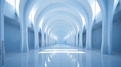 blue corridor with columns and windows