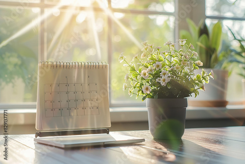 A white calendar placed on a table next to a potted plant. Mockup template for design print