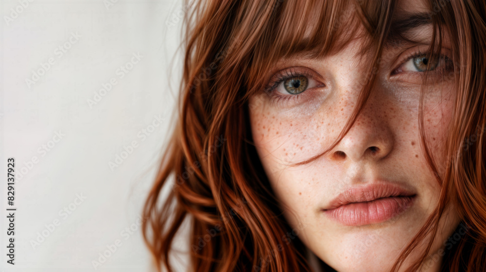 Closeup of an attractive female model with unkempt hair the color of rust, light freckles and large brown eyes. Natural makeup. Skin care and cosmetics. Copy space. Closeup of an attractive female model with unkempt hair the color of rust, light freckles and large brown eyes. Natural makeup. Skin care and cosmetics. Copy space.