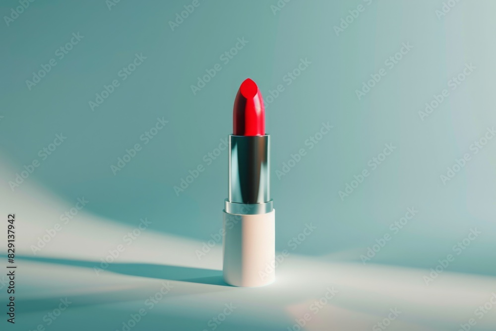 3D Red Lipstick on Clean Pastel Background. Beauty Cosmetic Product Mockup Template Design.