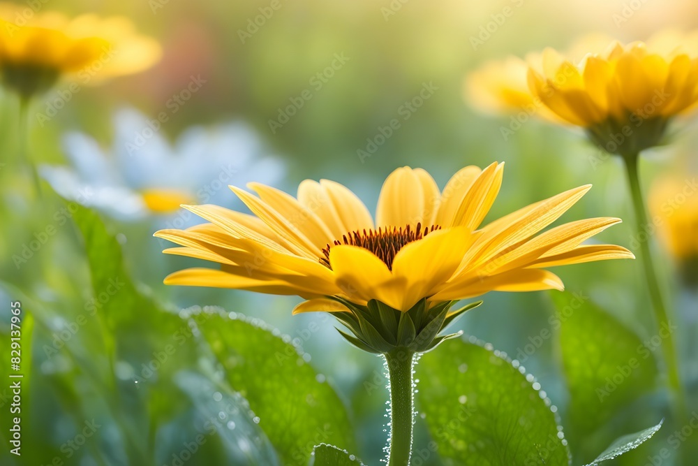 A yellow flower with a brown center is surrounded by green leaves A yellow flower with a brown center is surrounded by green leaves