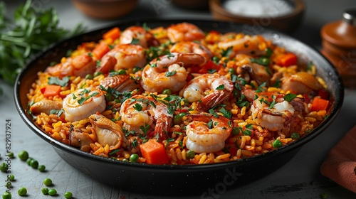 Paella - A Spanish rice dish typically made with seafood, chicken, and vegetables. isolate on white background Minimal and Simple style