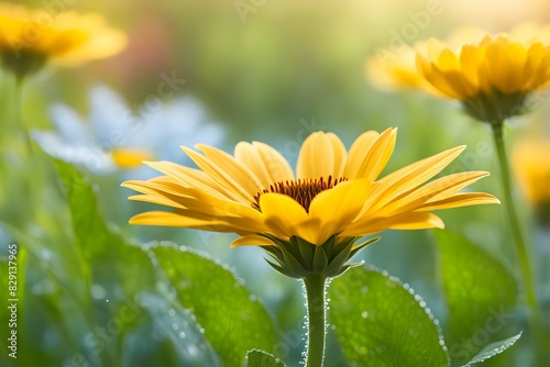 A yellow flower with a brown center is surrounded by green leaves photo