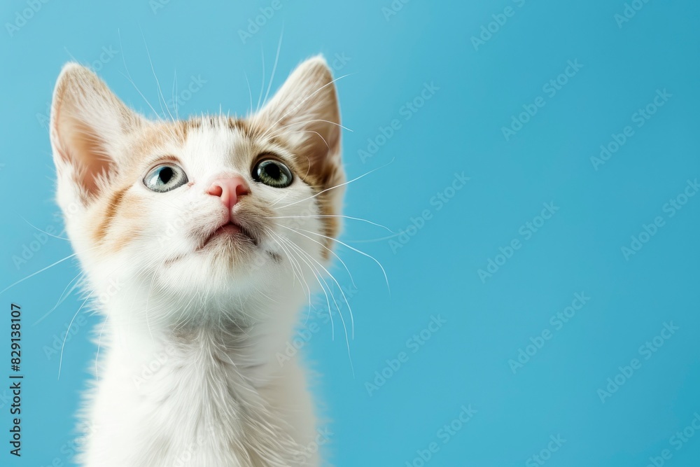 Portrait of a white and tan tabby kitten looking up and slightly to viewers right with wide eyed curiosity. Blue background with copy space - generative ai