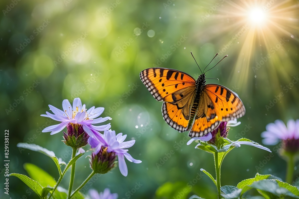 A butterfly is flying over a field of purple flowers A butterfly is flying over a field of purple flowers