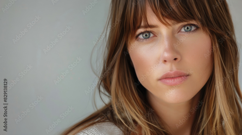 Naklejka premium Portrait of a beautiful woman with the look of the girl next door. Natural complexion and cosmetics. Long brown hair. Copy space.