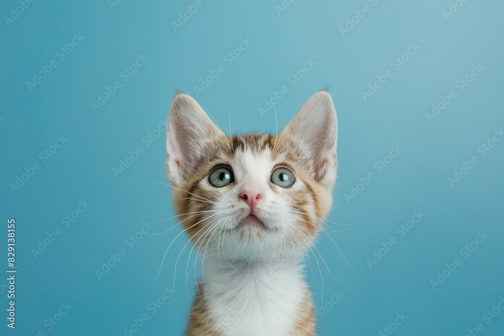 Portrait of a white and tan tabby kitten looking up and slightly to viewers right with wide eyed curiosity. Blue background with copy space - generative ai