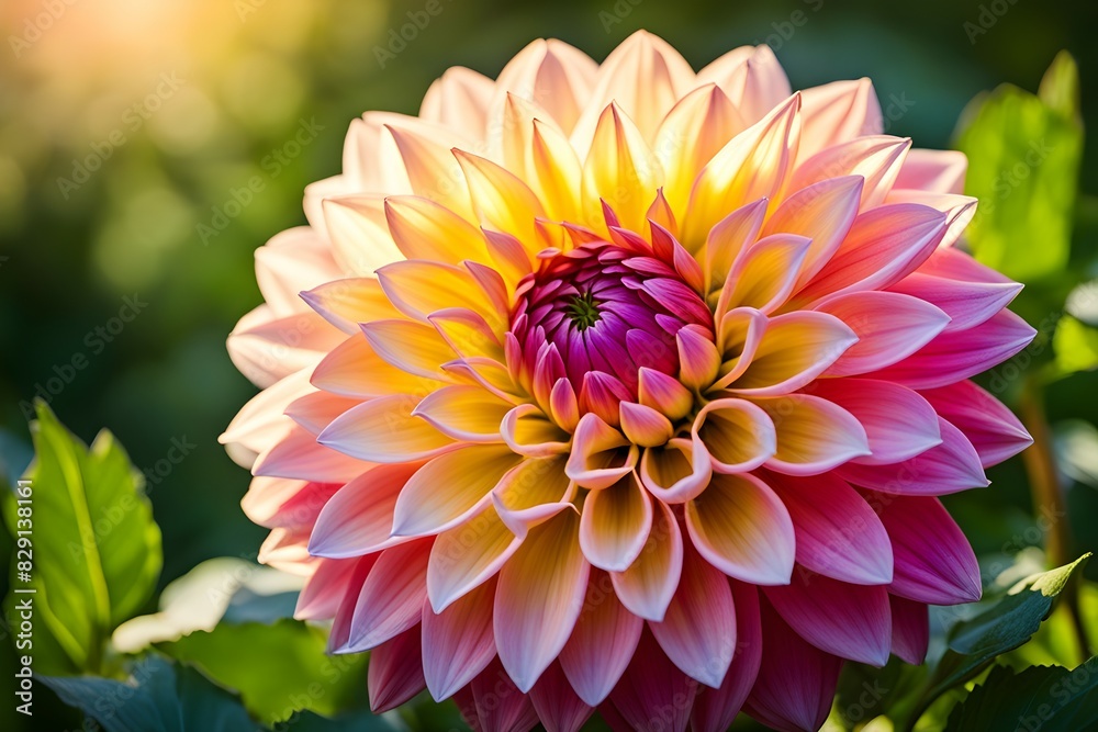 A large, colorful flower with a yellow center and pink petals A large, colorful flower with a yellow center and pink petals