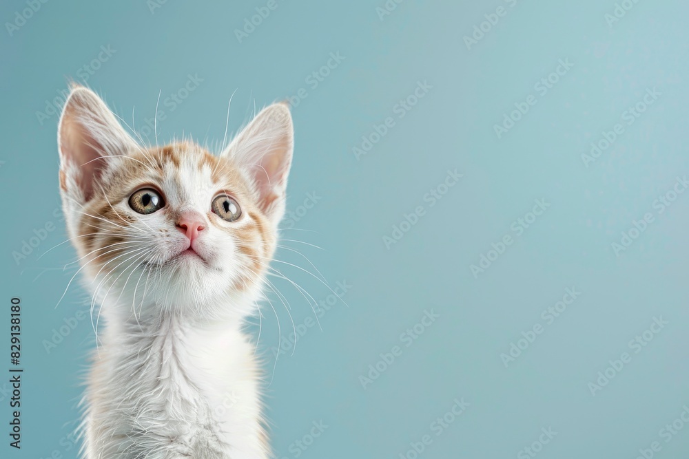 Portrait of a white and tan tabby kitten looking up and slightly to viewers right with wide eyed curiosity. Blue background with copy space - generative ai