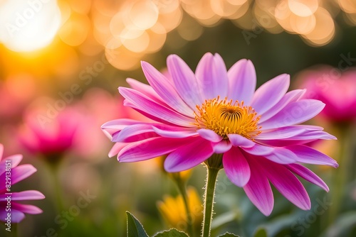 A close up of a pink flower with a yellow center