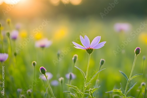 A single pink flower stands out in a field of green grass