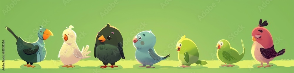 front view of birds ,cartoon illustration style, clean green background front view of birds ,cartoon illustration style, clean green background