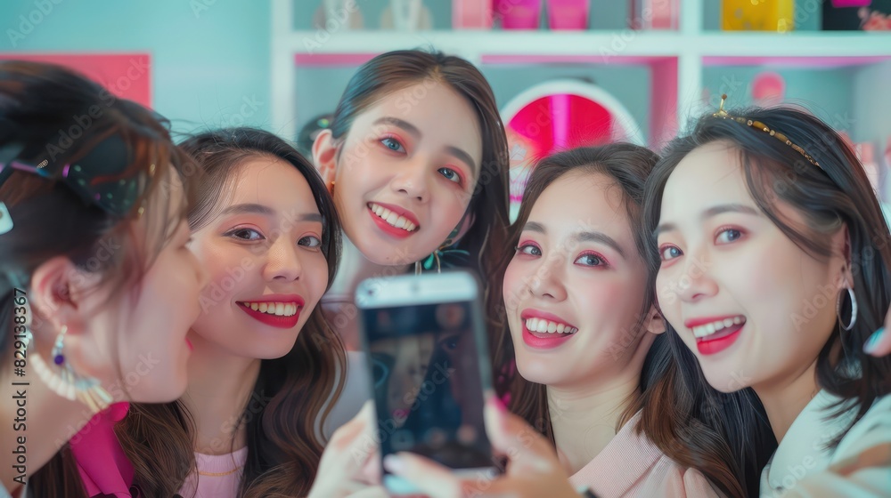 Fototapeta premium A group of Asian beauty bloggers and influencers taking selfies and recording videos at a cosmetics forum, capturing the excitement and vibrant atmosphere
