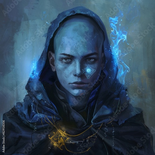 fantasy portrait of a young, student, male, bald, hooded, broad-nosed, blue-skinned magical inventor