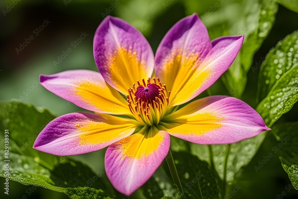 A flower with a yellow center and purple petals A flower with a yellow center and purple petals