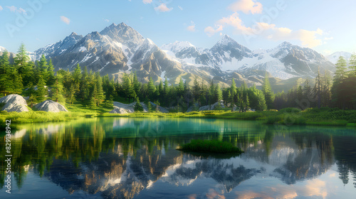 Tranquil Mountain Landscape with Reflections in a Crystal-Clear Lake and Lush Green Meadows Under a Clear Blue Sky