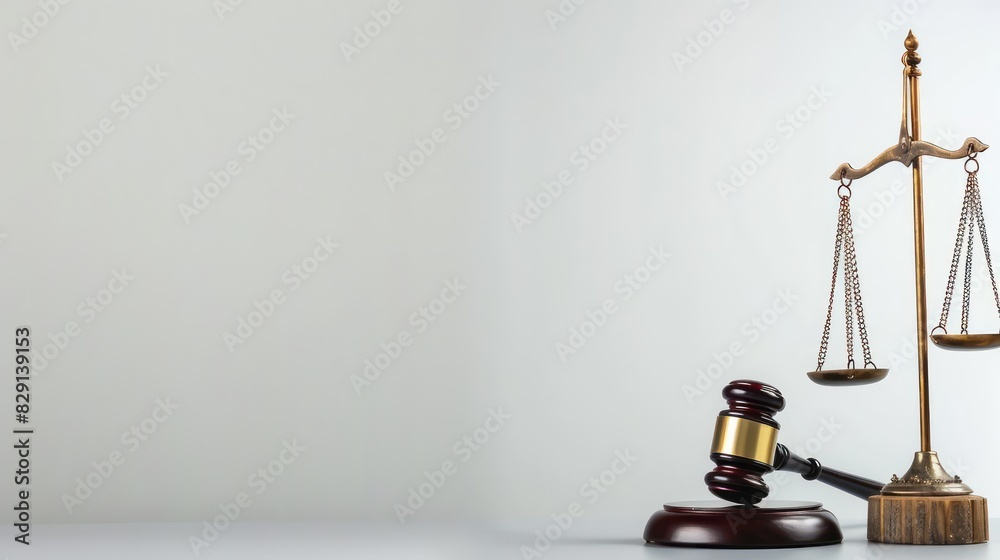A conceptual image of a gavel and a pair of scales placed on a plain background, with ample space around them for incorporating text or legal messages with minimalist style A conceptual image of a gavel and a pair of scales placed on a plain background, with ample space around them for incorporating text or legal messages with minimalist style
