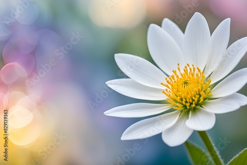 A white flower with yellow petals is the main focus of the image