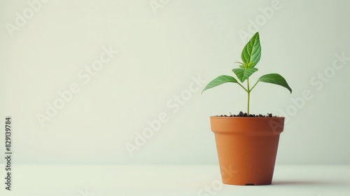 coin moneys near small plant growing on pot copy space on white background with minimalist style