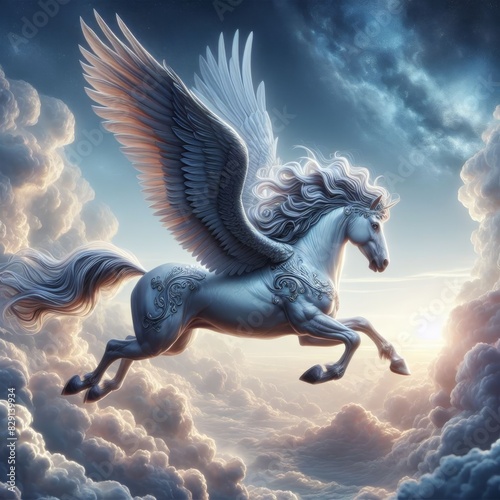 A detailed  image of Pegasus  a winged horse  soaring gracefully through the sky