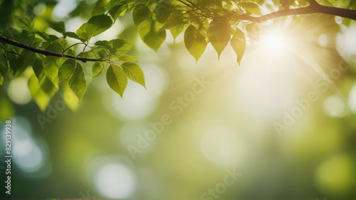 Blurred Green Trees: Abstract Summer or Spring Background Banner with Sunshine.