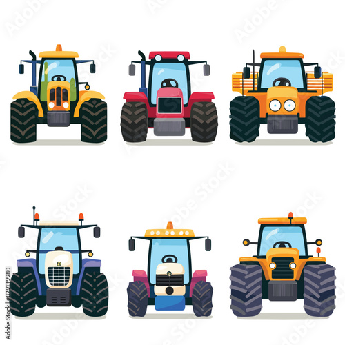 Six colorful cartoon tractors facing forward, each with unique design elements. Farm machinery collection for agriculture, featuring large tires and cabins. Vibrant flat design agricultural vehicles