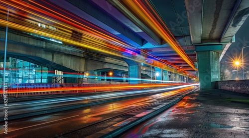 A long exposure photo of the overpasses of a big city passing by in motion blur  light trails and colorful lights. dynamic scene capturing movement and energy. generative AI