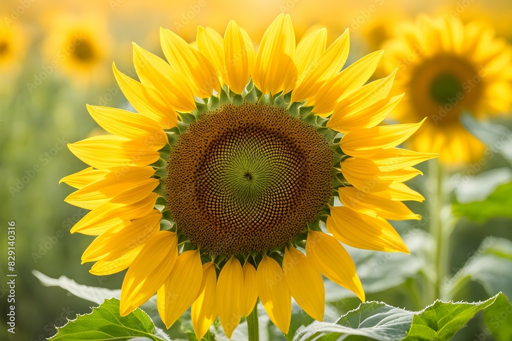 Fototapeta premium A large yellow sunflower with a green center