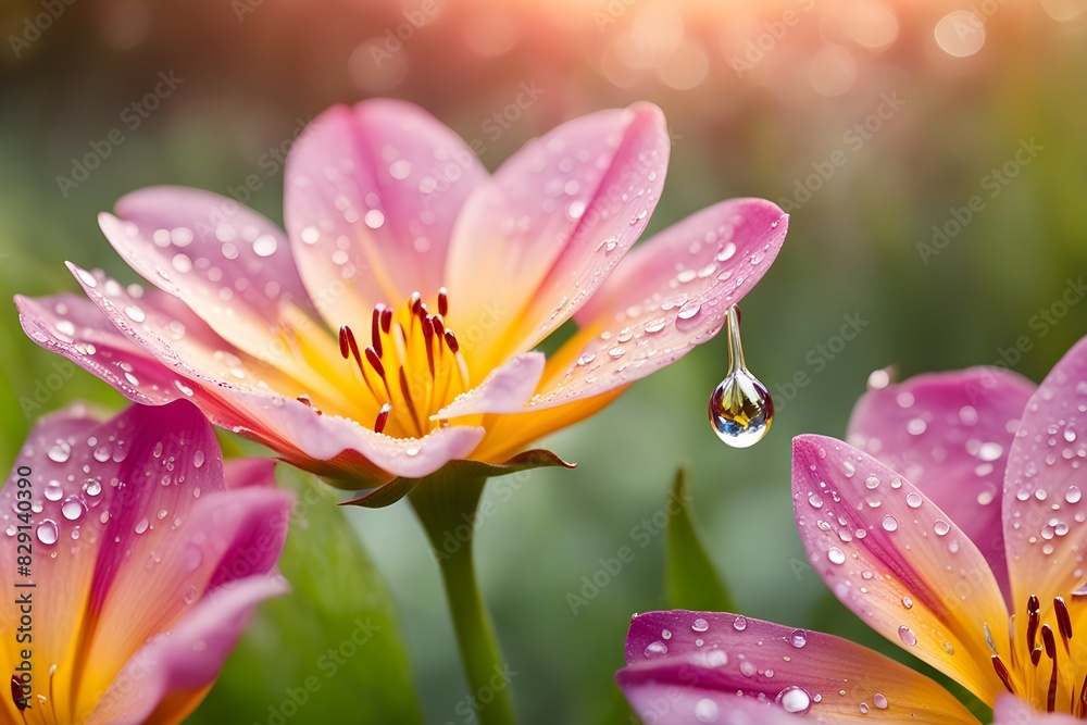 A close up of a pink flower with droplets of water on it A close up of a pink flower with droplets of water on it