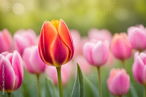 A single red and yellow tulip stands out in a field of pink flowers