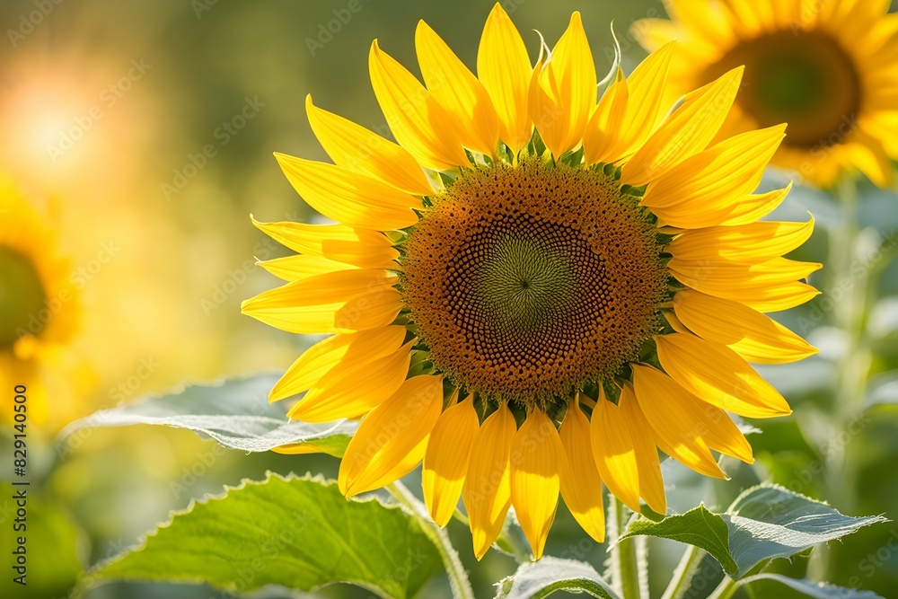 Fototapeta premium A large yellow sunflower with a green stem and leaves