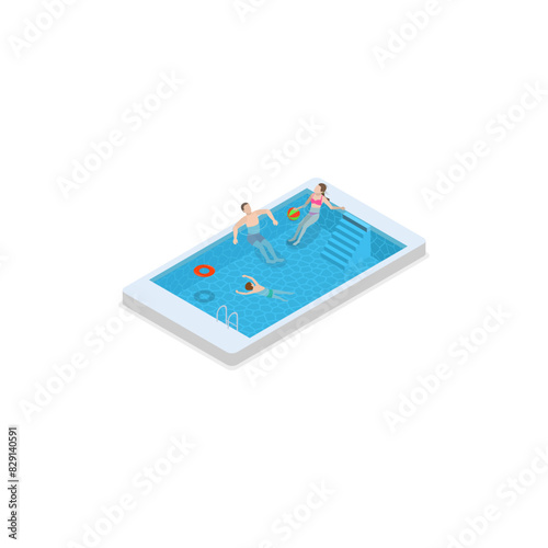 3D Isometric Flat Vector Set of Pool Swimmers, Water Activities. Item 8