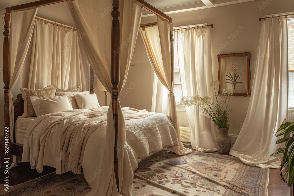 A serene bedroom with a canopy bed, soft drapes, and a plush area rug. A serene bedroom with a canopy bed, soft drapes, and a plush area rug.