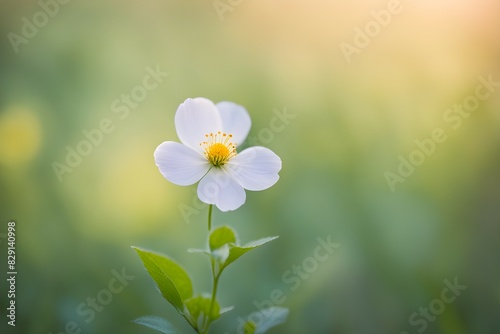 A white flower with yellow center is in the foreground of a green background