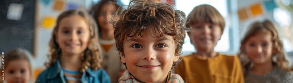 Group of smiling children in a classroom, symbolizing friendship, education, and happiness, creating a warm and joyful atmosphere. Group of smiling children in a classroom, symbolizing friendship, education, and happiness, creating a warm and joyful atmosphere.