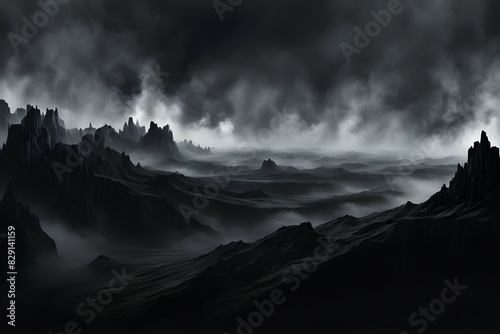 A desolate landscape with a dark sky and foggy atmosphere