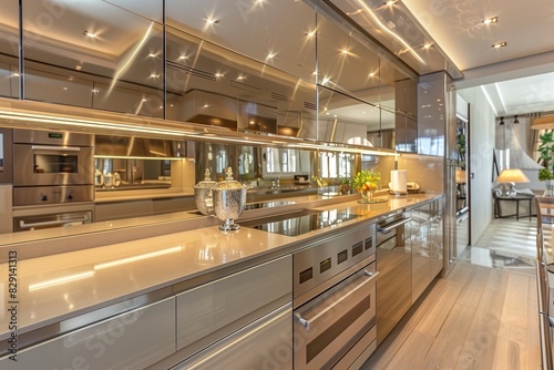 A sleek kitchen with high-gloss cabinets, stainless steel appliances, and a mirrored backsplash.